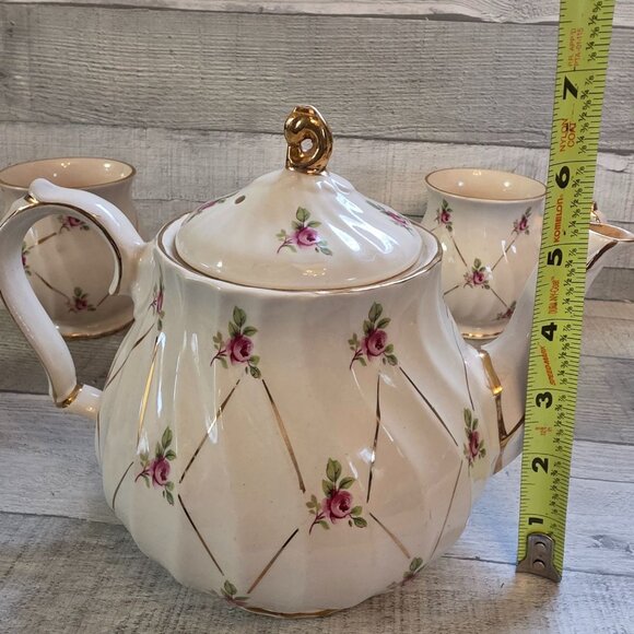 Vintage Sadler Rosebud Tea Set Gold Trim Teapot 4 Mugs - Picture 13 of 13